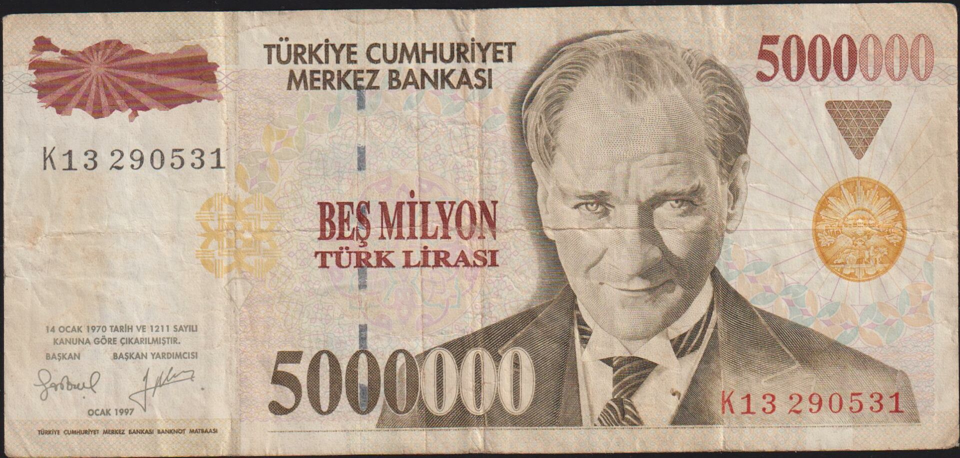7.Emisyon 5 000 000 Lira K13 290531 Çok Temiz