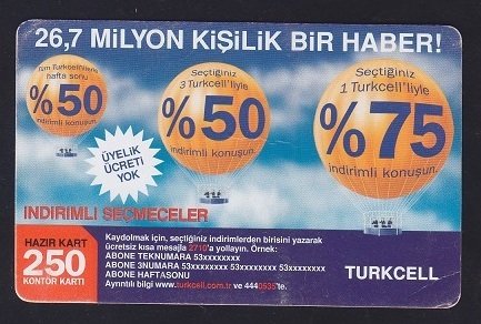 TURKCELL HAZIR KART 250 KONTÖR - İNDİRİMLİ SEÇMECELER - SKT 2007