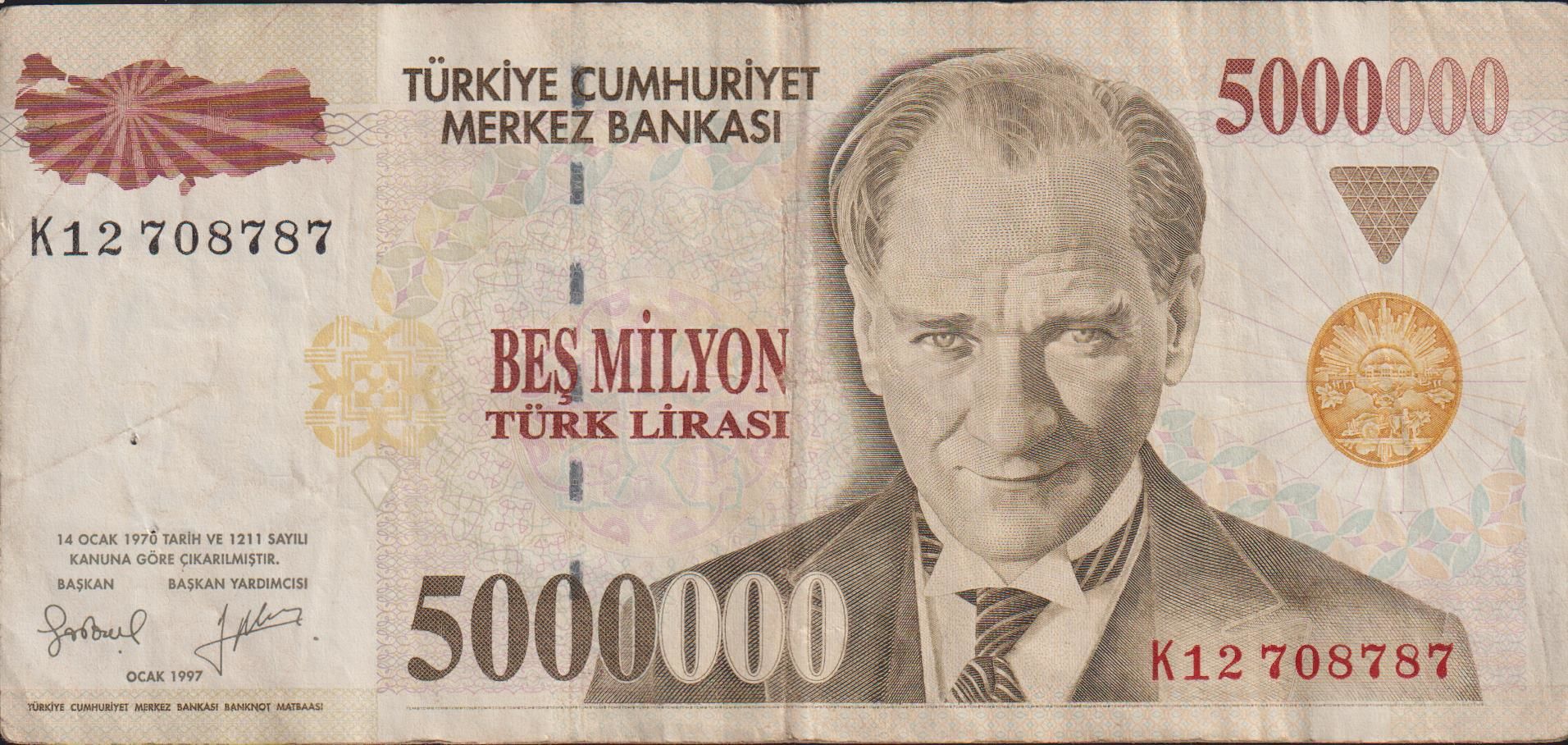 7.Emisyon 5 000 000 Lira K12 708787 Çok Temiz