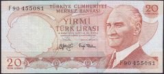 6.Emisyon 3.Tertip 20 Lira F90 455081 Çok Temiz+