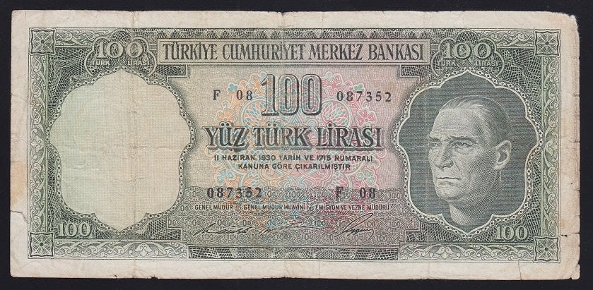 5.EMİSYON 6.TERTİP 100 LİRA F08 087352 TEMİZ