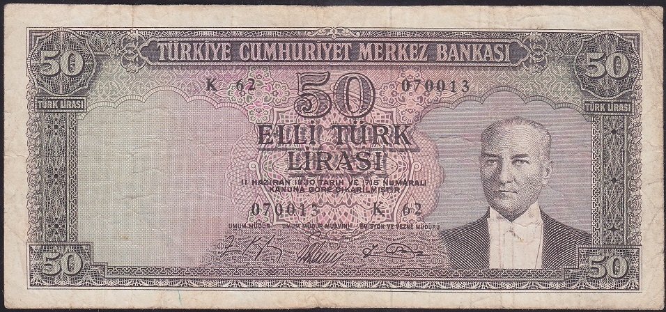 5.EMİSYON 6.TERTİP 50 LİRA K62 070013 ÇOK TEMİZ