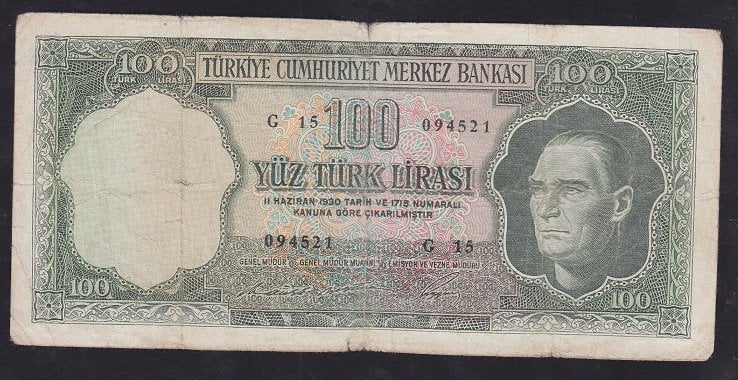 5.EMİSYON 6.TERTİP 100 LİRA G15 094521 TEMİZ