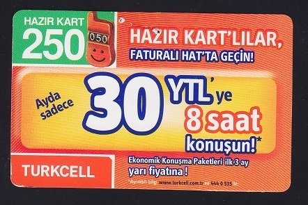 TURKCELL HAZIR KART 250 KONTÖR-AYDA 30 YTL - SKT 2009