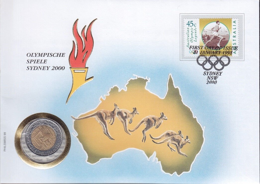 Sydney 2000 Yılı Olimpiyatları İlk Gün Zarfında,Damgalı,Pullu - Madeni Para İtalya 500 Liret 1997 Hatıra
