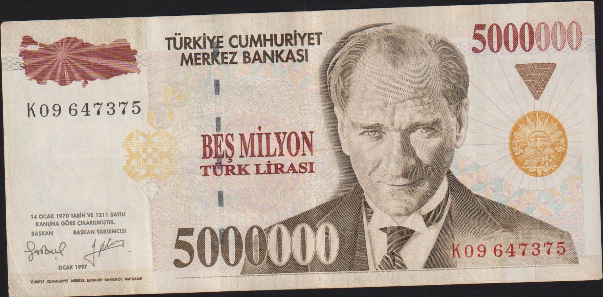 7.Emisyon 5 000 000 Lira K09 647375 Çok Temiz+