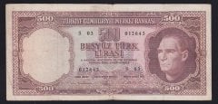 5.EMİSYON 3.TERTİP 500 LİRA S03 012643 ÇOK TEMİZ eski kağıt para değerleri
