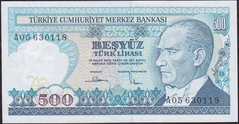 7.Emisyon 1.Tertip 500 Lira A05 630118 Çilaltı Çil ( arka yüzde ıslak imza var)