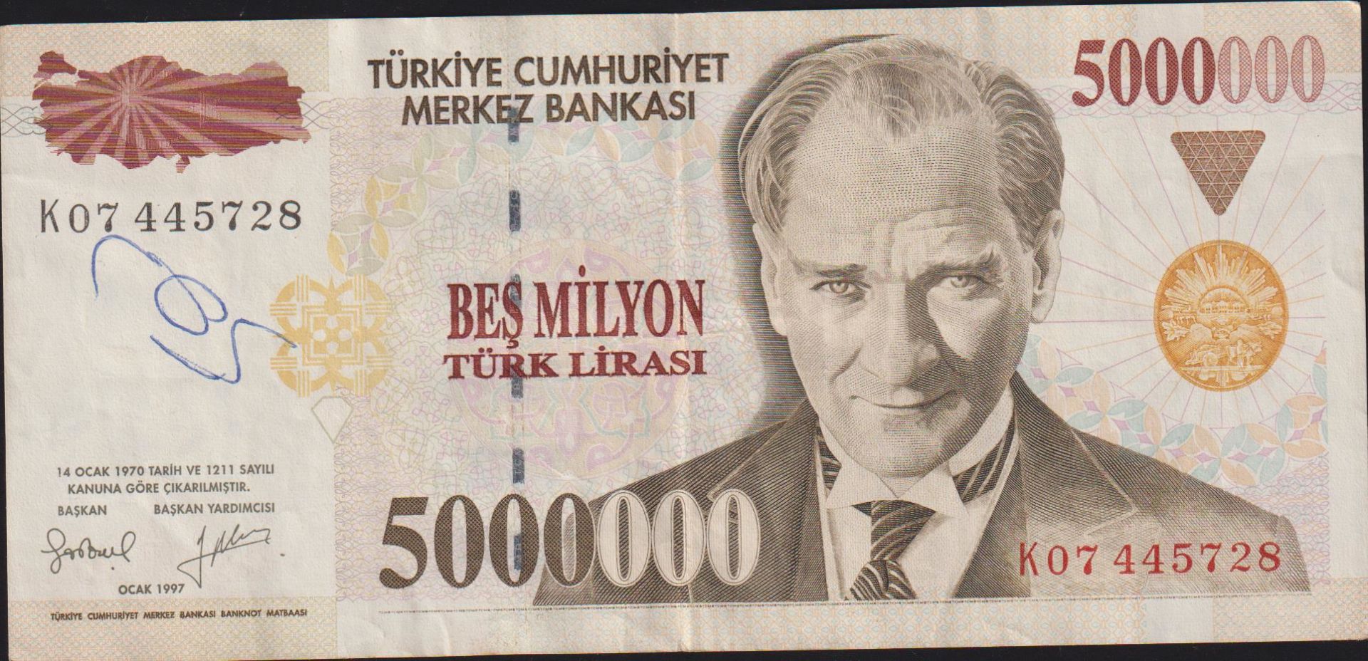 7.Emisyon 5 000 000 Lira K07 445728 Çok Temiz+