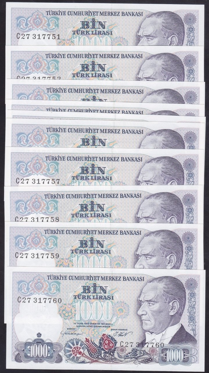 7.EMİSYON 1.TERTİP 1000 LİRA C27 317751-7760 ( SERİ TAKİPLİ LOT 10 ADET) ÇİL