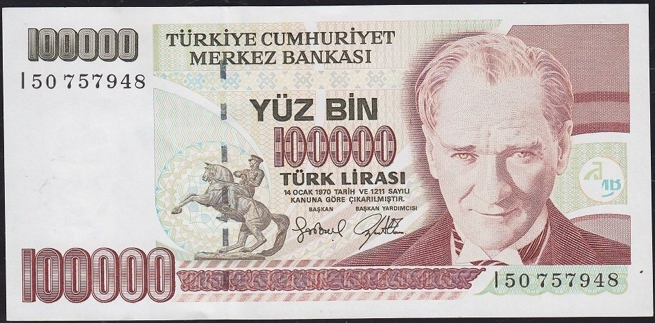 7.Emisyon 3.Tertip 100000 Lira I50 757948 Çilaltı ( ortada kat yoktur )