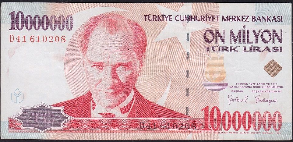 7.Emisyon 10 000 000 Lira D41 610208 Çok Temiz+