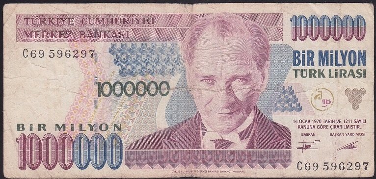 7.EMİSYON 1.TERTİP 1 000 000 LİRA C69 596297 TEMİZ