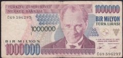 7.EMİSYON 1.TERTİP 1 000 000 LİRA C69 596297 TEMİZ