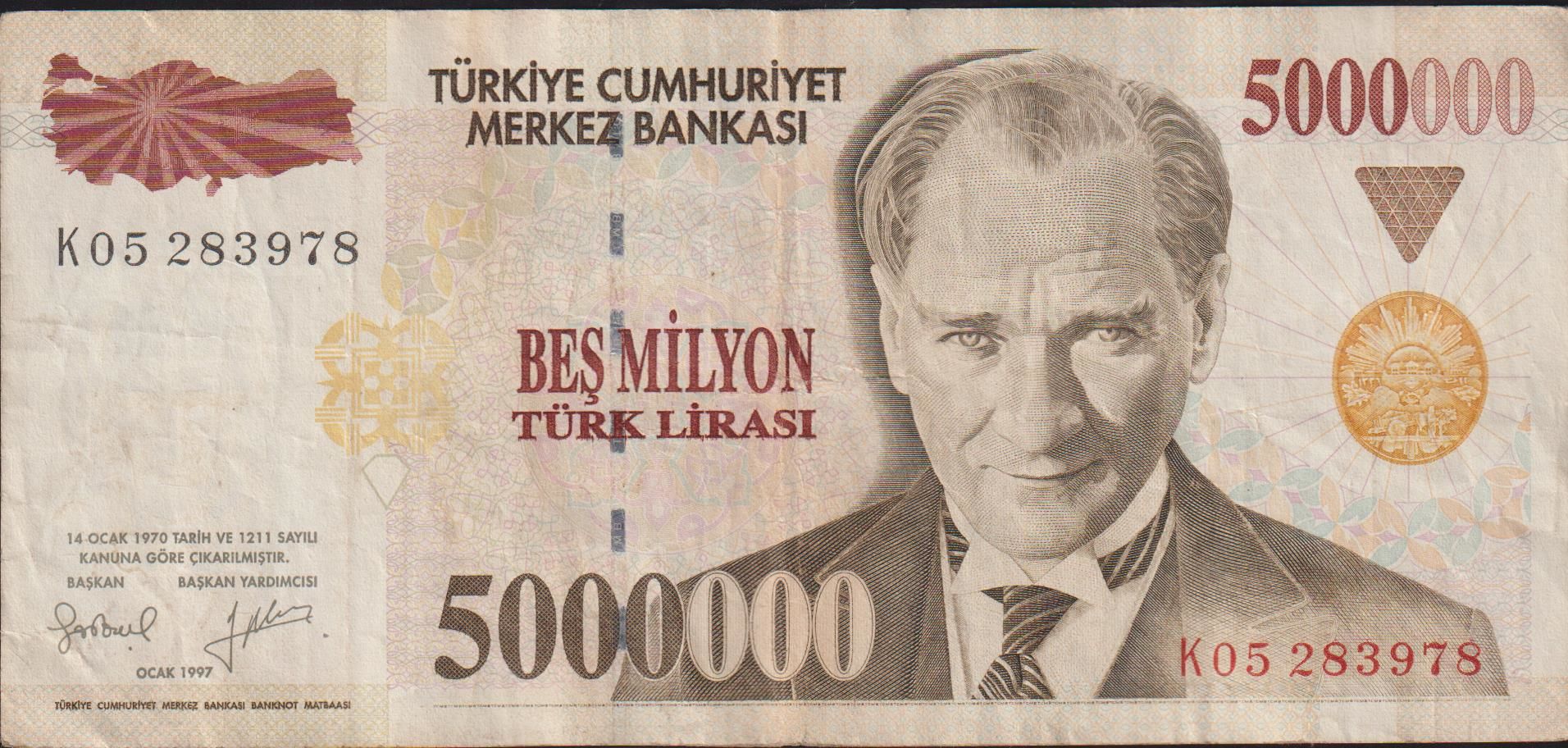 7.Emisyon 5 000 000 Lira K05 283978 Çok Temiz
