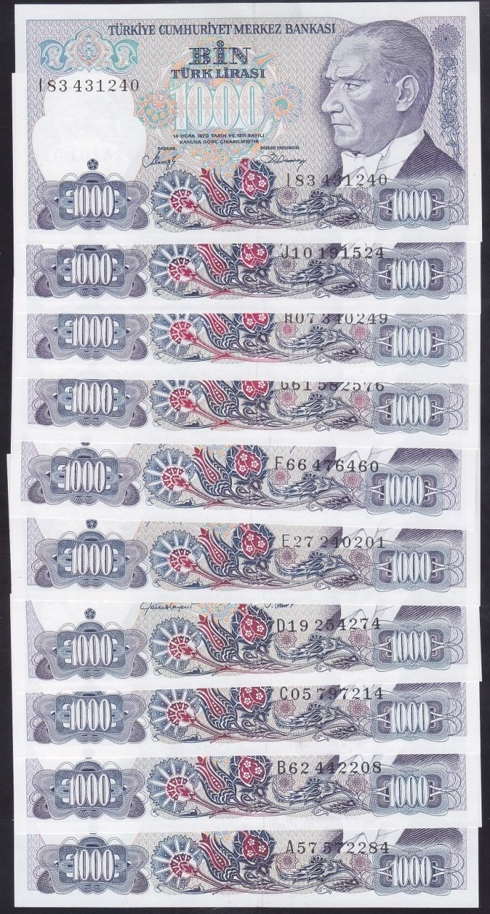 7.EMİSYON 1. VE 2.TERTİP 1000 LİRA SET A,B,C,D,E,F,G,H,I,J (10 ADET) HARF TAKIM ÇİL