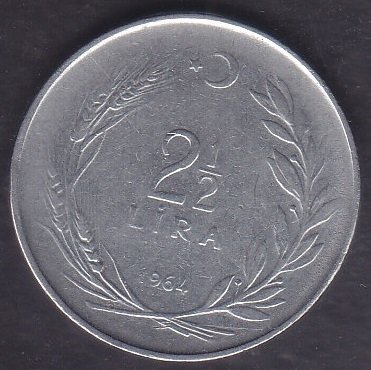 1964 Yılı 2.5 Lira  Çok Temiz (Ters)