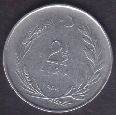 1964 Yılı 2.5 Lira  Çok Temiz (Ters)