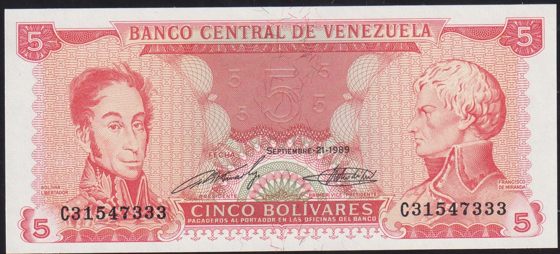 Venezuela 5 Bolivares 1989 Çil Pick 70b ( 333 )