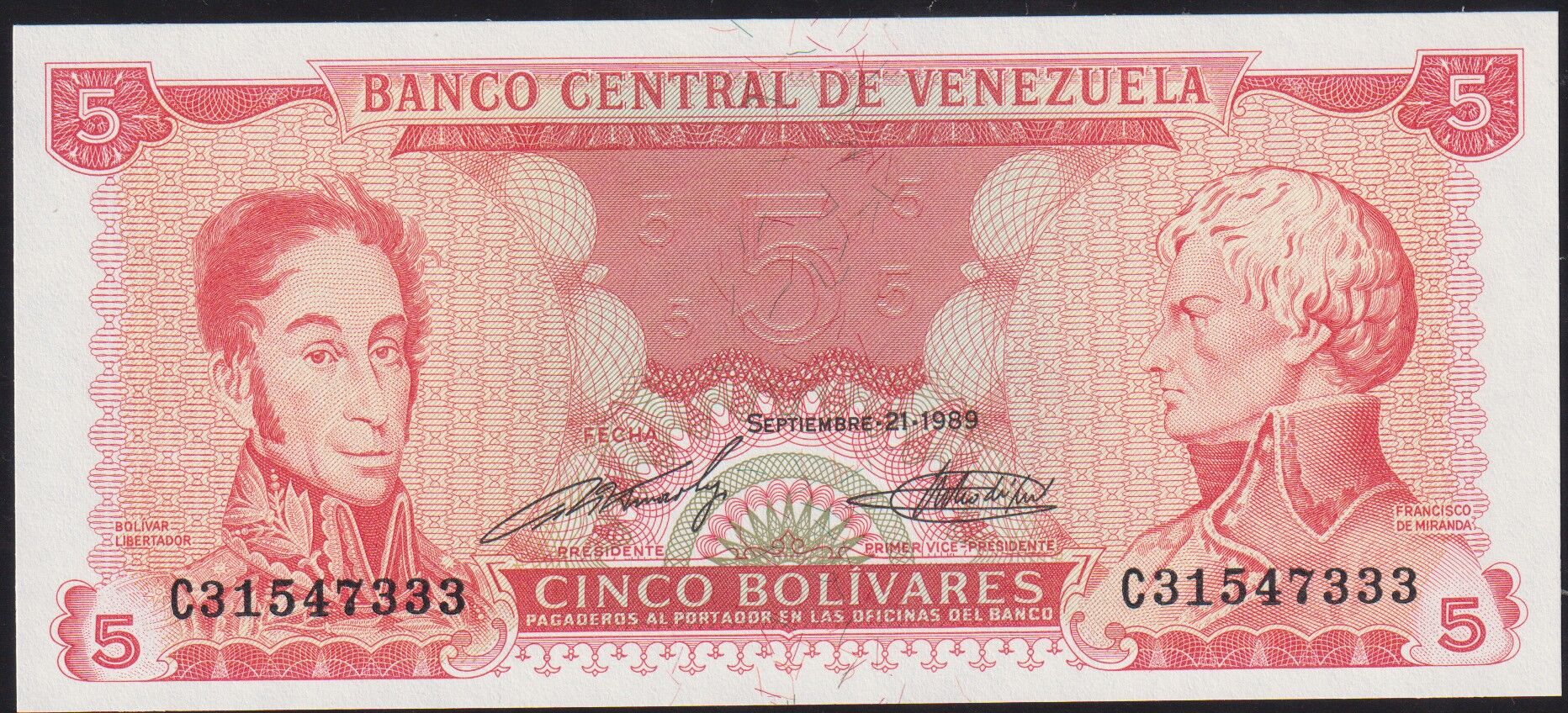 Venezuela 5 Bolivares 1989 Çil Pick 70b ( 333 )