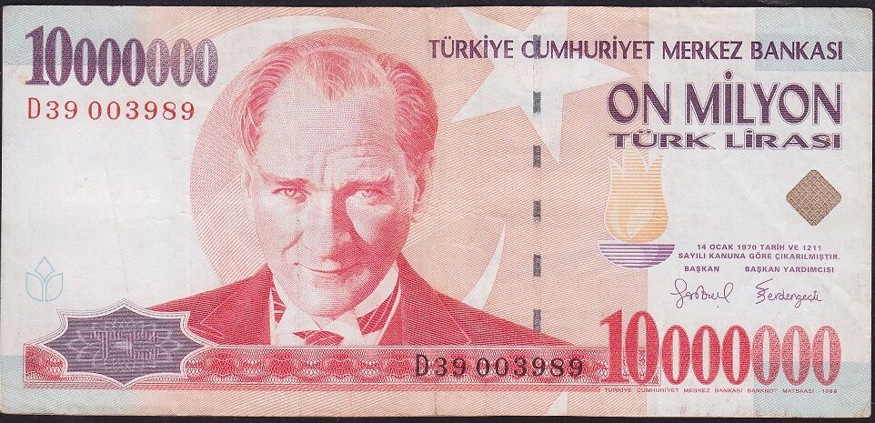 7.Emisyon 10 000 000 Lira D39 003989 Çok Temiz
