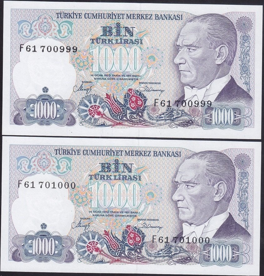 7.EMİSYON 2.TERTİP 1000 LİRA F61 700999-701000 ÇİL (SERİ TAKİPLİ 2 ADET)