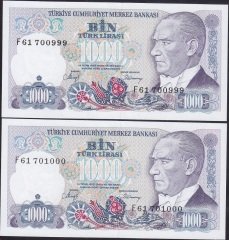 7.EMİSYON 2.TERTİP 1000 LİRA F61 700999-701000 ÇİL (SERİ TAKİPLİ 2 ADET)