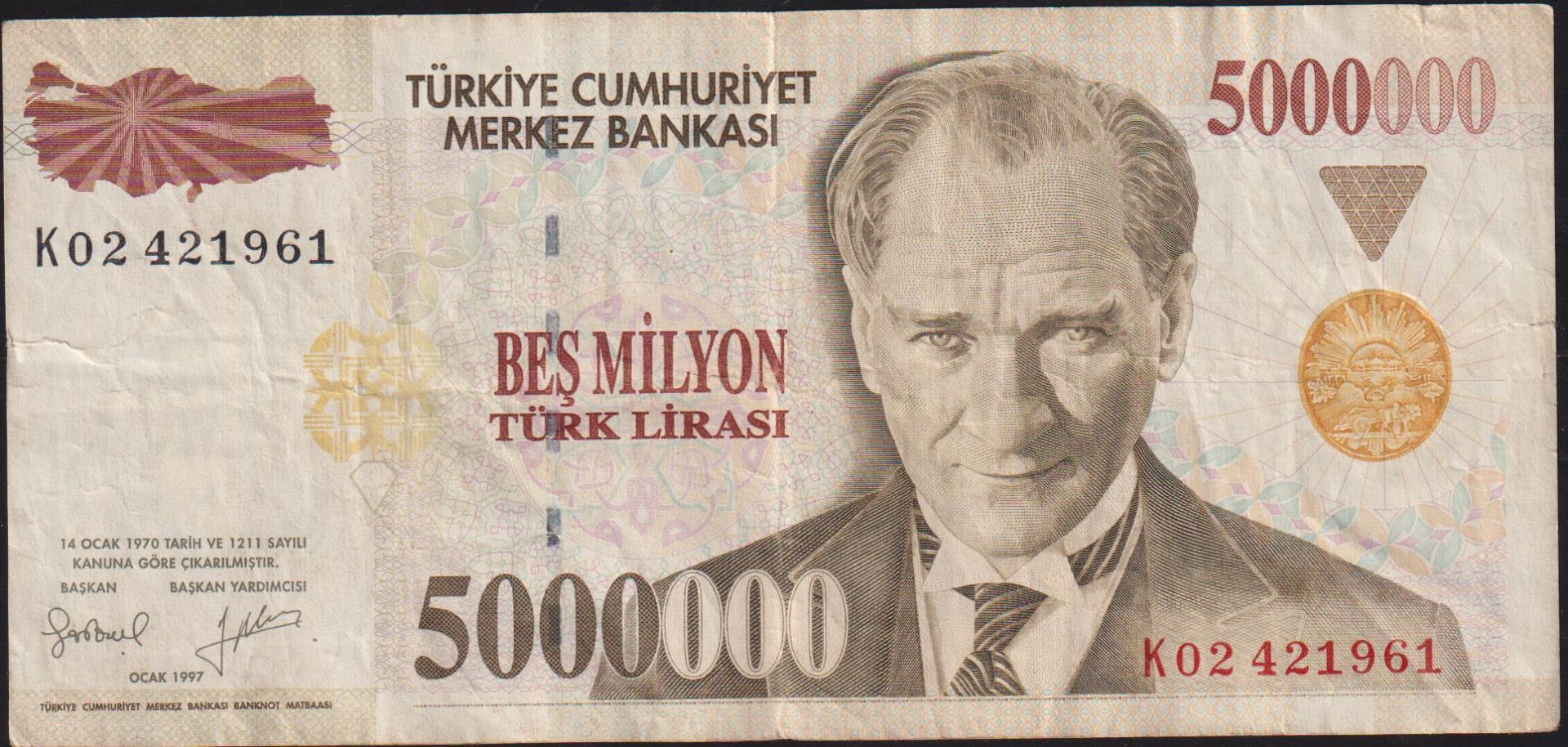 7.Emisyon 5 000 000 Lira K02 421961 Çok Temiz