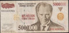 7.Emisyon 5 000 000 Lira K02 421961 Çok Temiz
