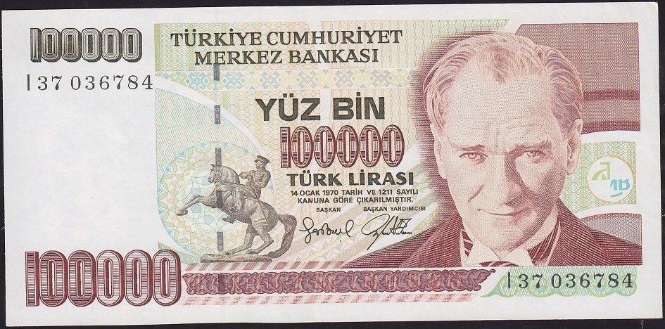 7.Emisyon 3.Tertip 100000 Lira I37 036784 Çok Çok Temiz+