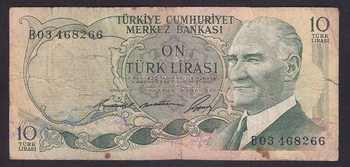 6.EMİSYON 1.TERTİP 10 LİRA B03 468266 TEMİZ