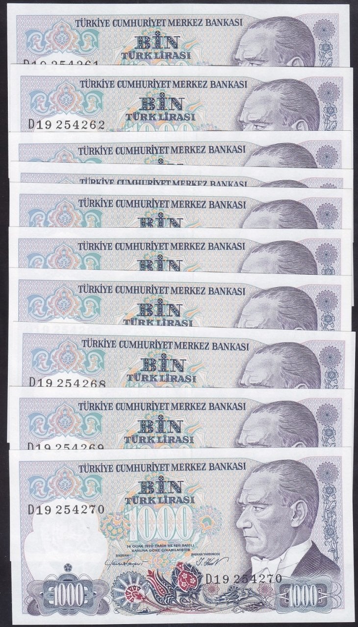 7.EMİSYON 1.TERTİP 1000 LİRA D19254261-270  10 ADET SERİ TAKİPLİ ÇİL
