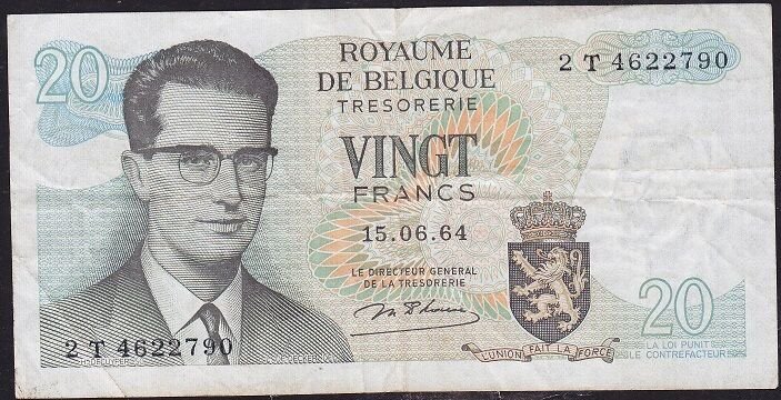 Belçika 20 Frank 1964 Çok Temiz+ Pick 138