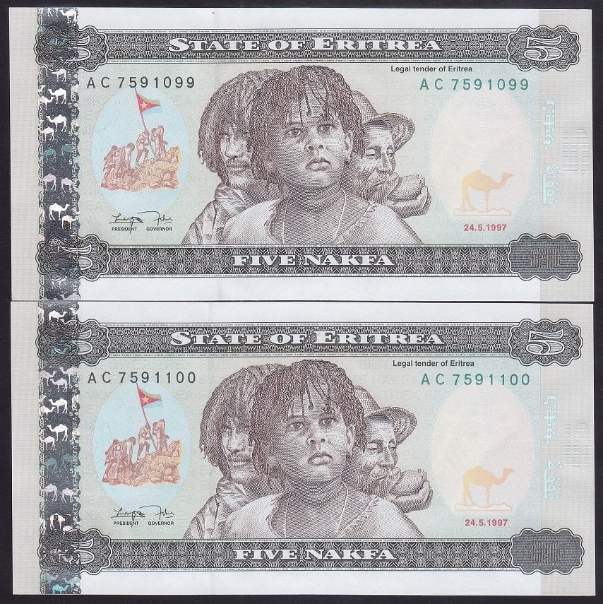 ERİTRE 5 NAKFA 1997 AC 7591099 -7591100  2 ADET SERİ TAKİPLİ ÇİL