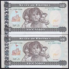 ERİTRE 5 NAKFA 1997 AC 7591099 -7591100  2 ADET SERİ TAKİPLİ ÇİL