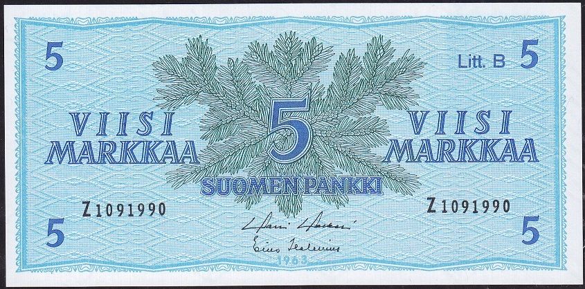 Finlandiya 5 Markka 1963 Çil Pick 106a Z Serisi