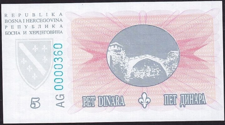 Bosna Hersek 5 Dinar 1994 Çil Pick 40 İlk Bin