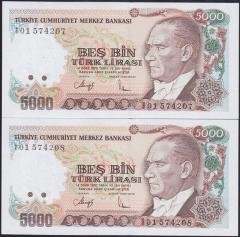 7.EMİSYON 4.TERTİP 5000 LİRA I01 574207 -208 SERİ TAKİPLİ 2 ADET ÇİL