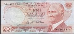 6.Emisyon 3.Tertip 20 Lira F64 943374 Çilaltı