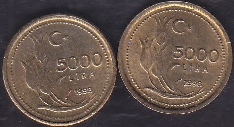 1998 YILI 5000 LİRA ÇİL ( KALIN VE İNCE BASKI TAKIM )