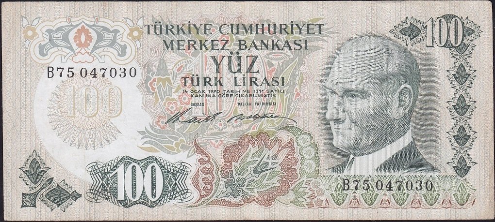 6.Emisyon 1.Tertip 100 Lira B75 047030 Çok Temiz+