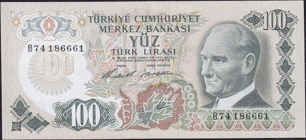 6.Emisyon 1.Tertip 100 Lira B74 186661 Çok Temiz+