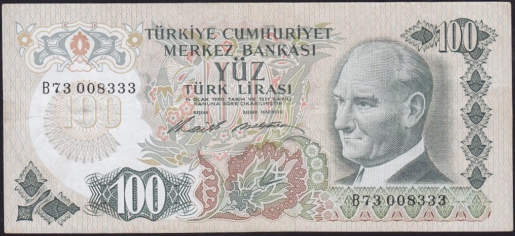 6.Emisyon 1.Tertip 100 Lira B73 008333 Çok Temiz+
