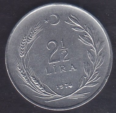 1974 Yılı 2.5 Lira Çok Temiz (Düz)