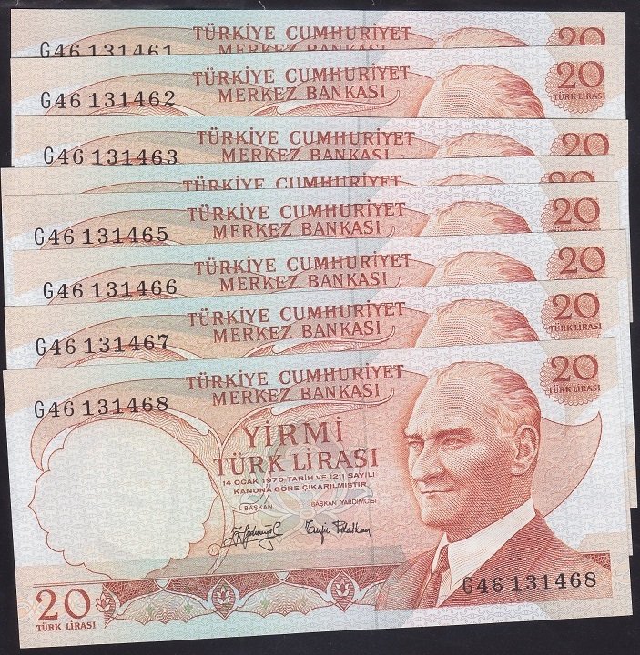 6.EMİSYON 3.TERTİP 20 LİRA G46 131461-468 ÇİLALTI ÇİL-8 ADET SERİ TAKİPLİ