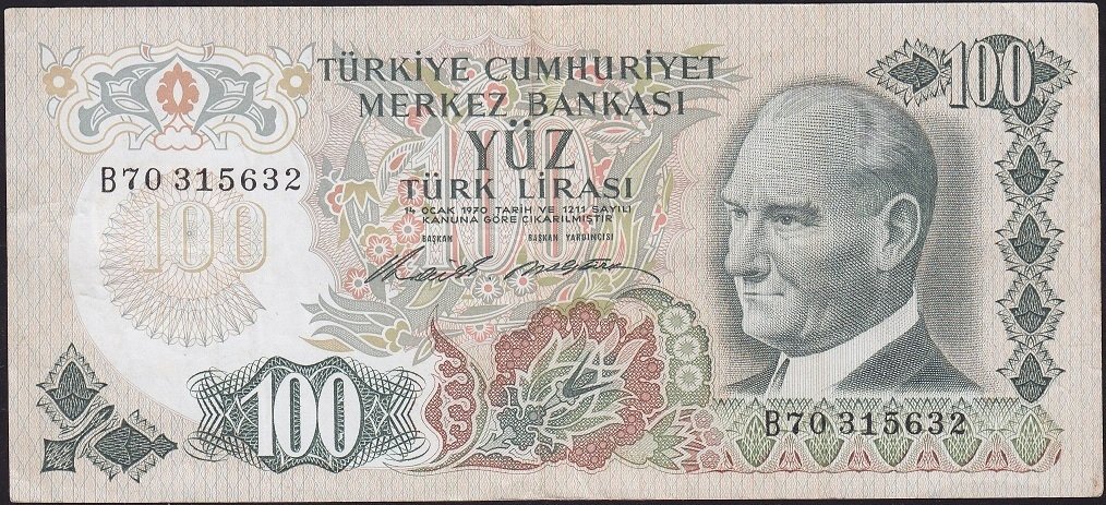 6.Emisyon 1.Tertip 100 Lira B70 315632 Çok Temiz