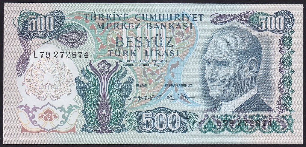 6.EMİSYON 2.TERTİP 500 LİRA L79 272874 eski para ÇİLALTI