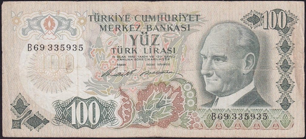 6.Emisyon 1.Tertip 100 Lira B69 335935 Çok Temiz