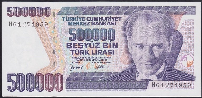 7.EMİSYON 4.TERTİP 500000 LİRA H64 274959 ÇİLALTI ÇİL eski para değerleri