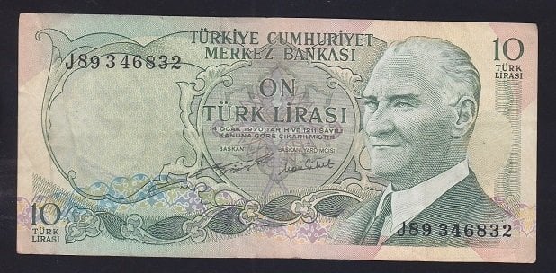 6.EMİSYON 2.TERTİP 10 LİRA J89 346832 ÇOK TEMİZ + eski para alan yerler